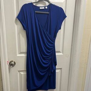 Blue Knee-Length Sheath Dress with Wrap and Ruching for Cocktail